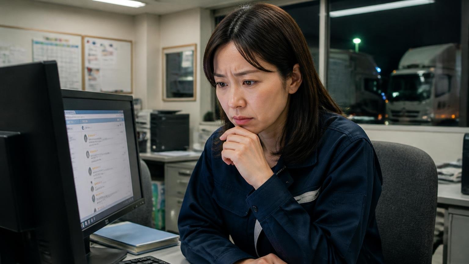 結論|実在性は確認できるが評判で判断する材料は足りない。夜の運送会社の事務所でパソコンの口コミ画面を見る女性1人が眉を寄せる