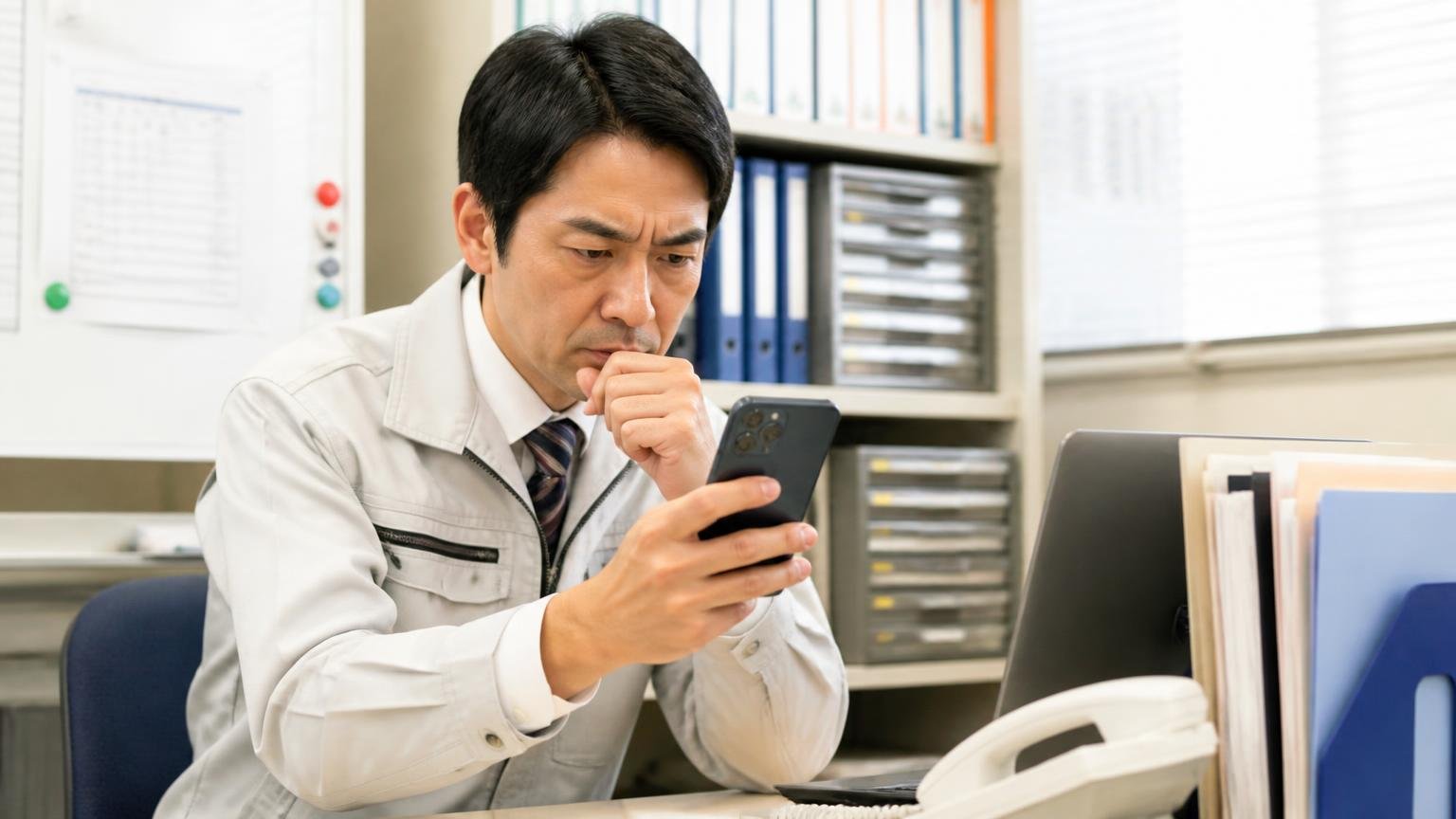 4媒体の口コミ35件を読んで出した総合評価 営業所の事務机でスマホの口コミ画面を見る男性1人 真剣な表情