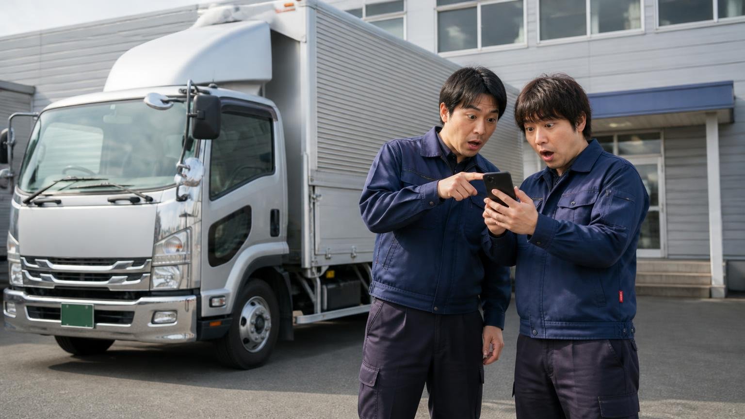 事業所ごとに★がバラバラな理由 旭川の営業所前に停まる4tウイングの横 男性2人 スマホの地図を見比べて驚く