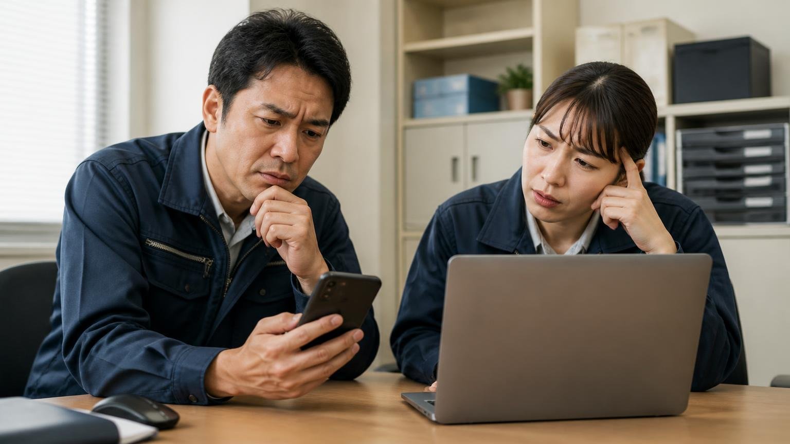 Google・X・知恵袋を探して見つかったミユーキの口コミは0件だった 事務所でスマホとパソコンの検索画面を見比べて首をかしげる運送会社の男女2人