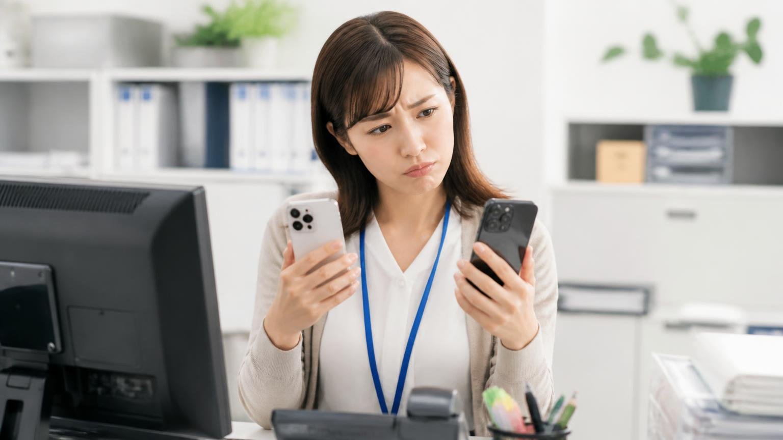 結論:対応の丁寧さは高評価、ただし「買取額」を評価した口コミは見つからない(事務所で口コミ画面を見比べ首をかしげる30代女性事務員)