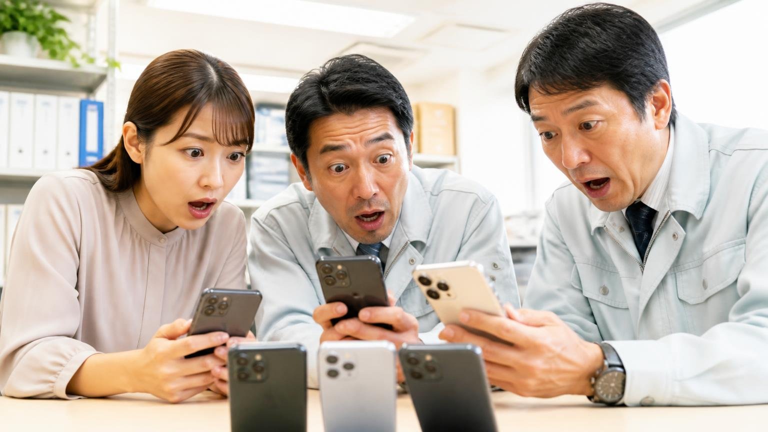 口コミ27件を集計して分かったアクセルトラックの評判、事務所で複数のスマホ画面を見比べる30代女性事務員と40代男性査定士2人が驚く表情