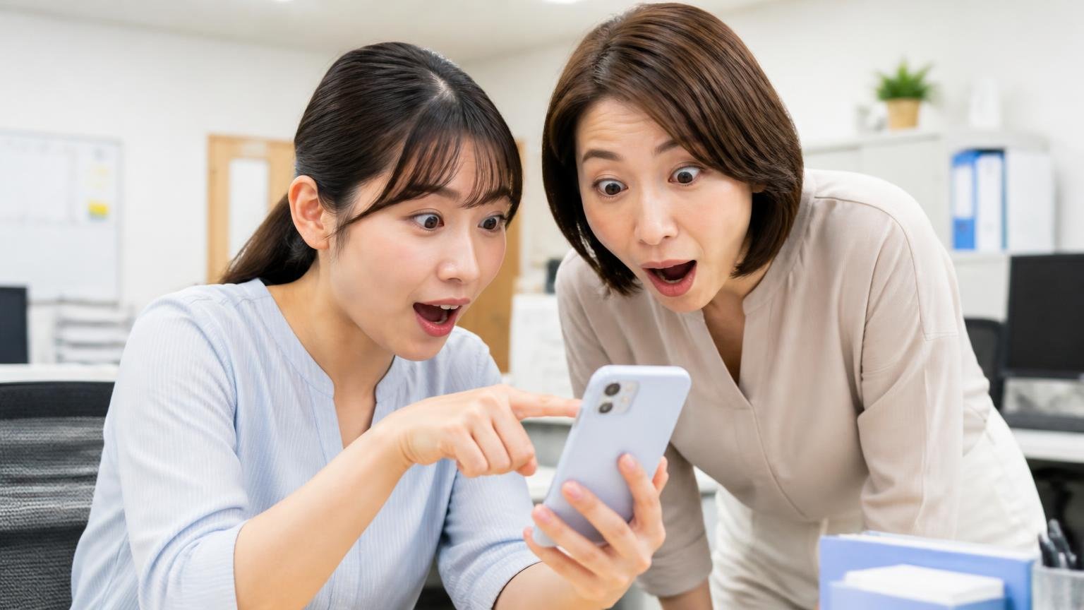 口コミの総合評価は★4.0、文章で読める5件はすべて★4〜★5、事務所でスマホの口コミ画面を見る場面、事務員と先輩の2人、画面を指さし目を丸くする