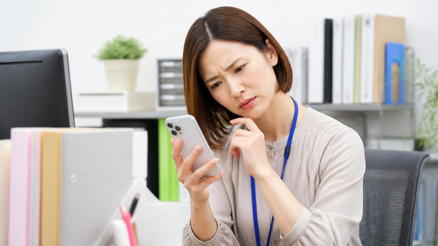 結論:★1が多いが中身は見えず、買取額に触れた口コミは見つからない(事務所でスマホの口コミ画面を見つめ、首をかしげる30代女性事務員)