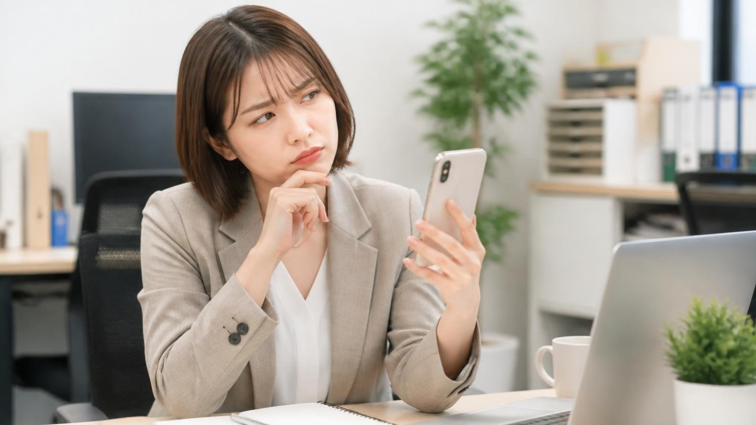 口コミはGoogleの16件で★3.9｜悪い口コミはないが「判断材料」はほとんどない、事務所でスマホの口コミ画面を見ながら首をかしげる30代女性