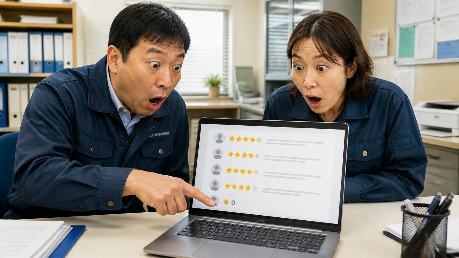 結論：対応と提案の評判は良いが、「トラックを売った人」の声は0件 運送会社の事務所でノートPCの口コミ一覧を指さす男女2人が目を丸くする