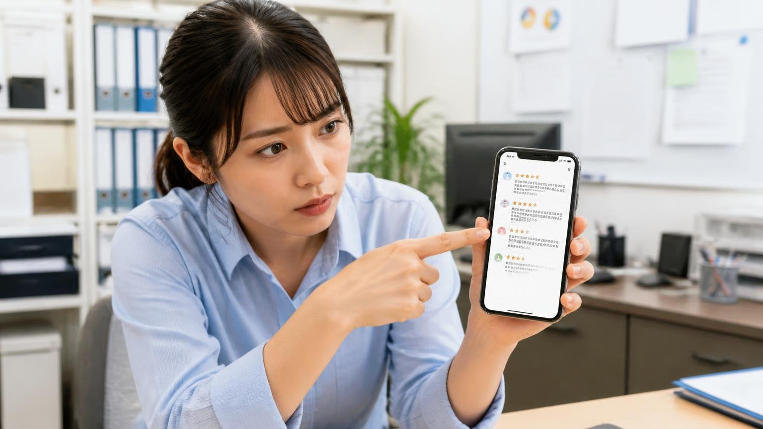 Googleマップの口コミ3件を全部読んだ結果（★5が2件・★3が1件）｜事務所でスマホの口コミ画面を見せる場面、女性事務員1人が真剣な表情で画面を指さす