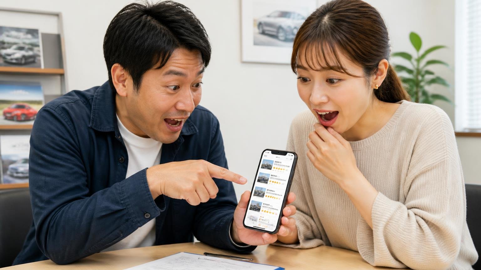 上野自動車の口コミ評判まとめ|Googleマップ4店舗とカーセンサーの★と件数、事務所でスマホの口コミ画面を見せながら相談する男女2人が身を乗り出す