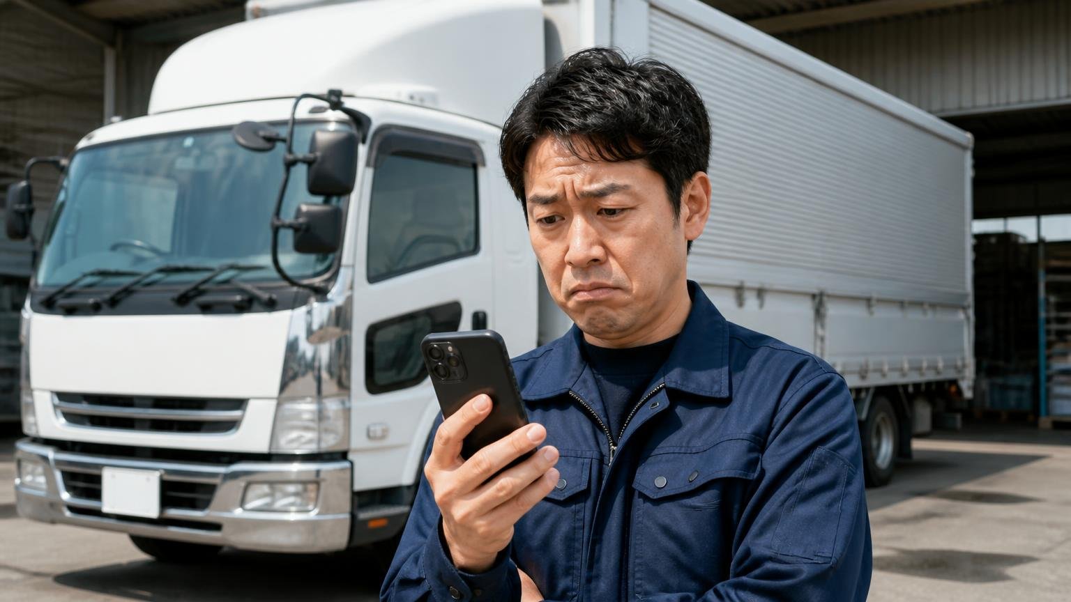 口コミサイト別の評価と件数 営業所の車庫に停まった4tウイングの前でスマホの口コミ画面を見る男性1人が眉をひそめる