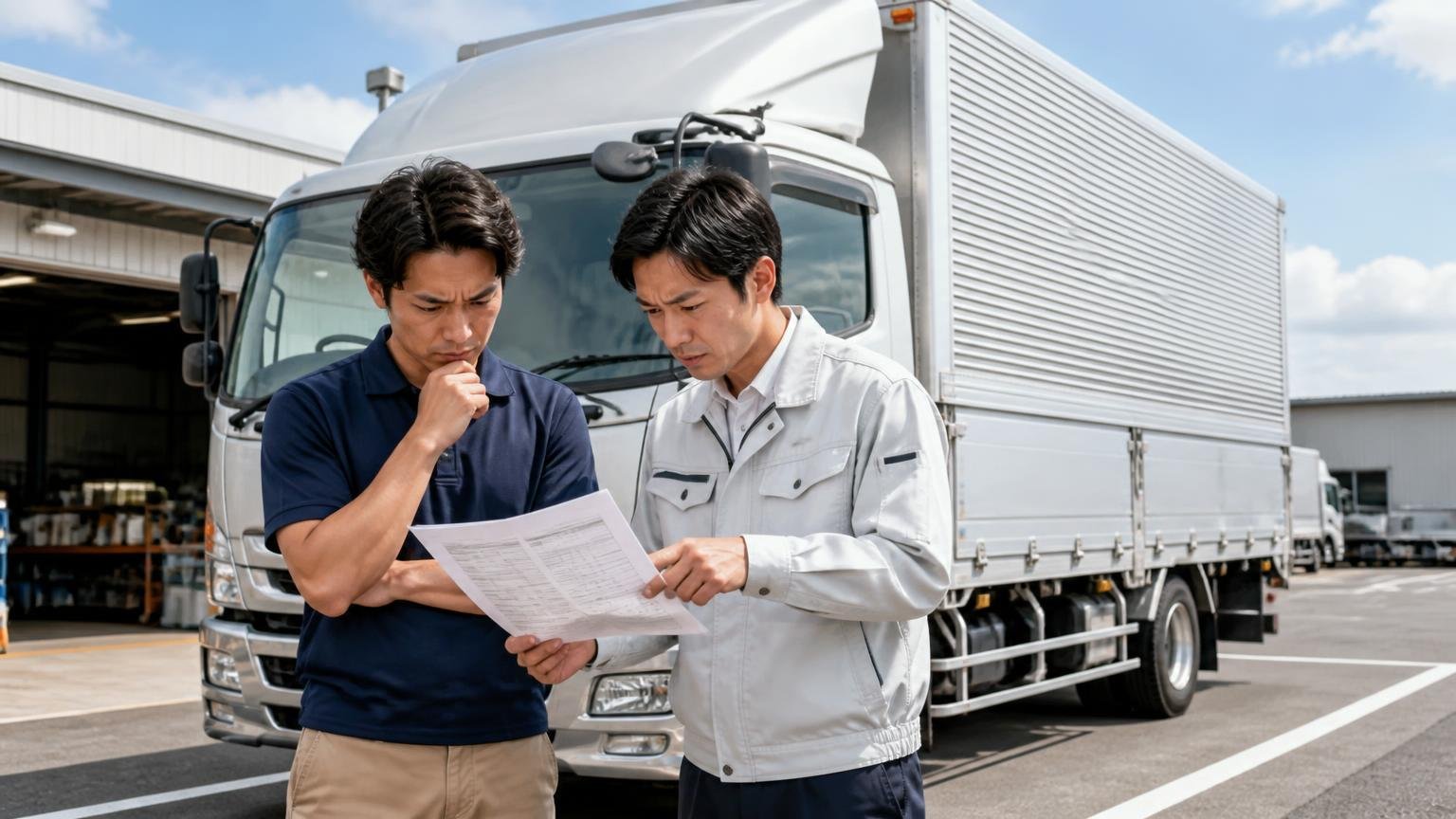 このまま任せてよさそうな人ともう1社見てから決めたほうがいい人。掛川の車庫に停めた4tウイングの前で2人の男性が見積書を指さし考え込む
