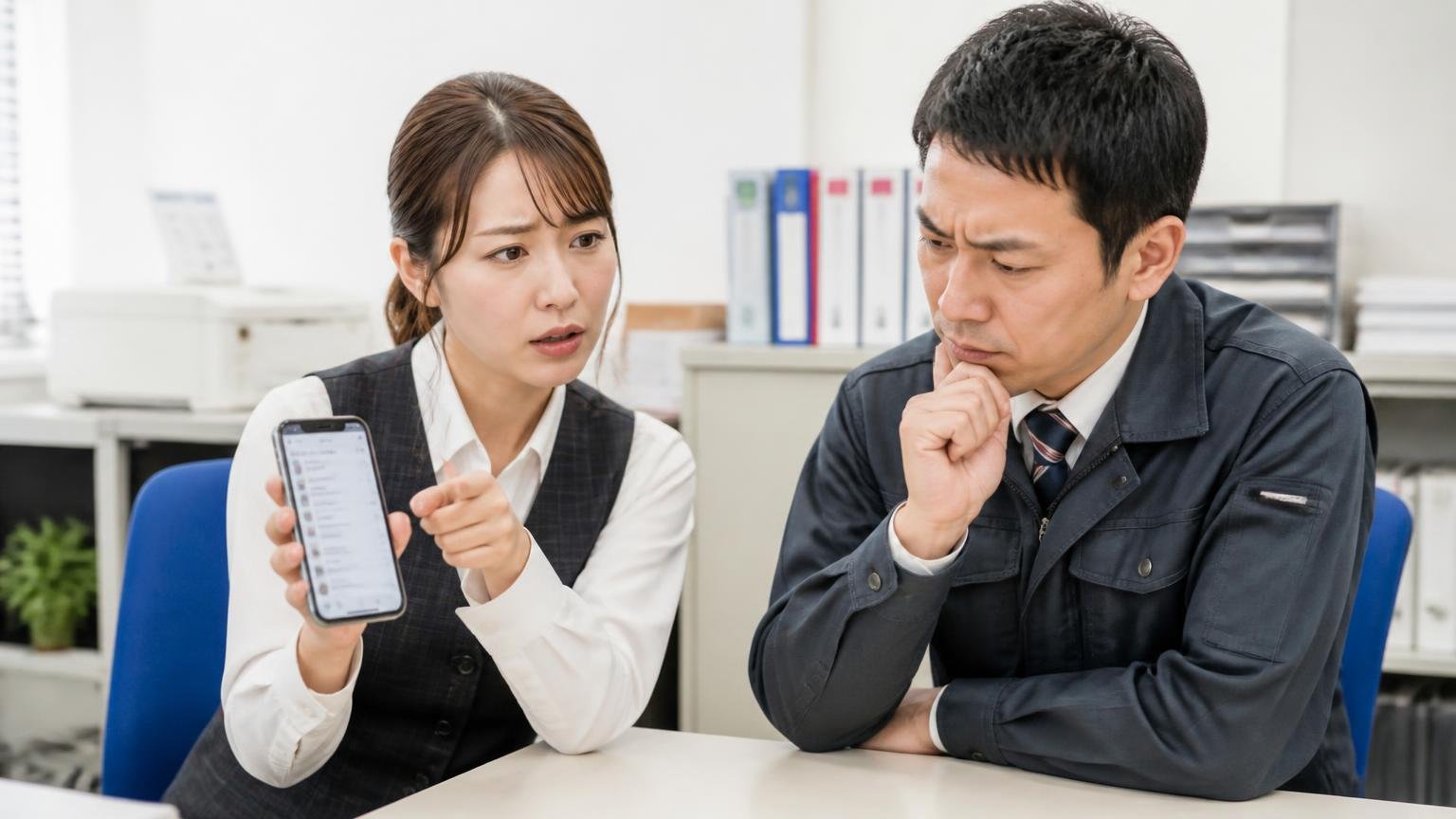 朝日自動車が向いていない人の条件を事務所でスマホの口コミ画面を見せながら相談する30代の事務担当と査定士の場面