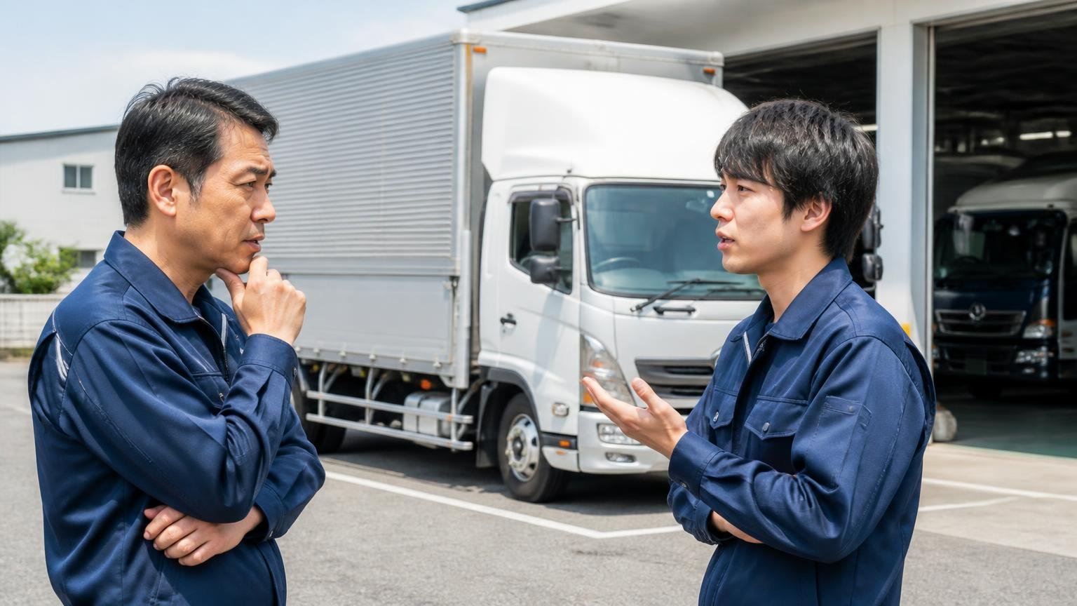 口コミ0件は良い業者の証明にも悪い業者の証明にもならない｜営業所の車庫に停まった4tウイングの前で先輩と若手が話し合う