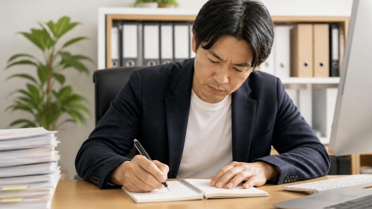星24件の内訳を数える 事務所の机でノートに口コミを書き出す男性1人 真剣な表情
