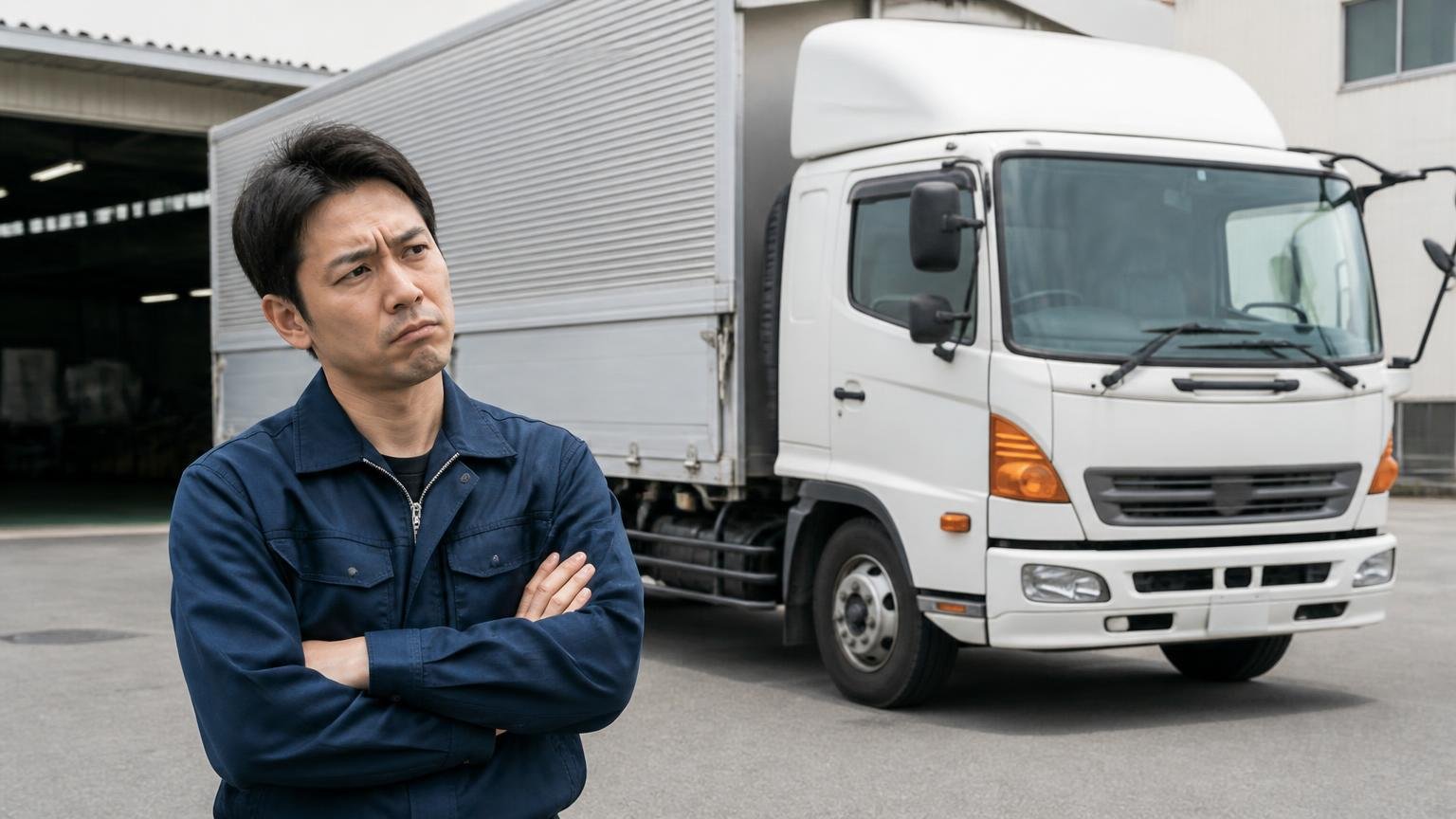 ただし「トラックを売った人」の口コミも0件だった。営業所の車庫に停まった4tウイングの前で腕を組む男性が困惑する場面