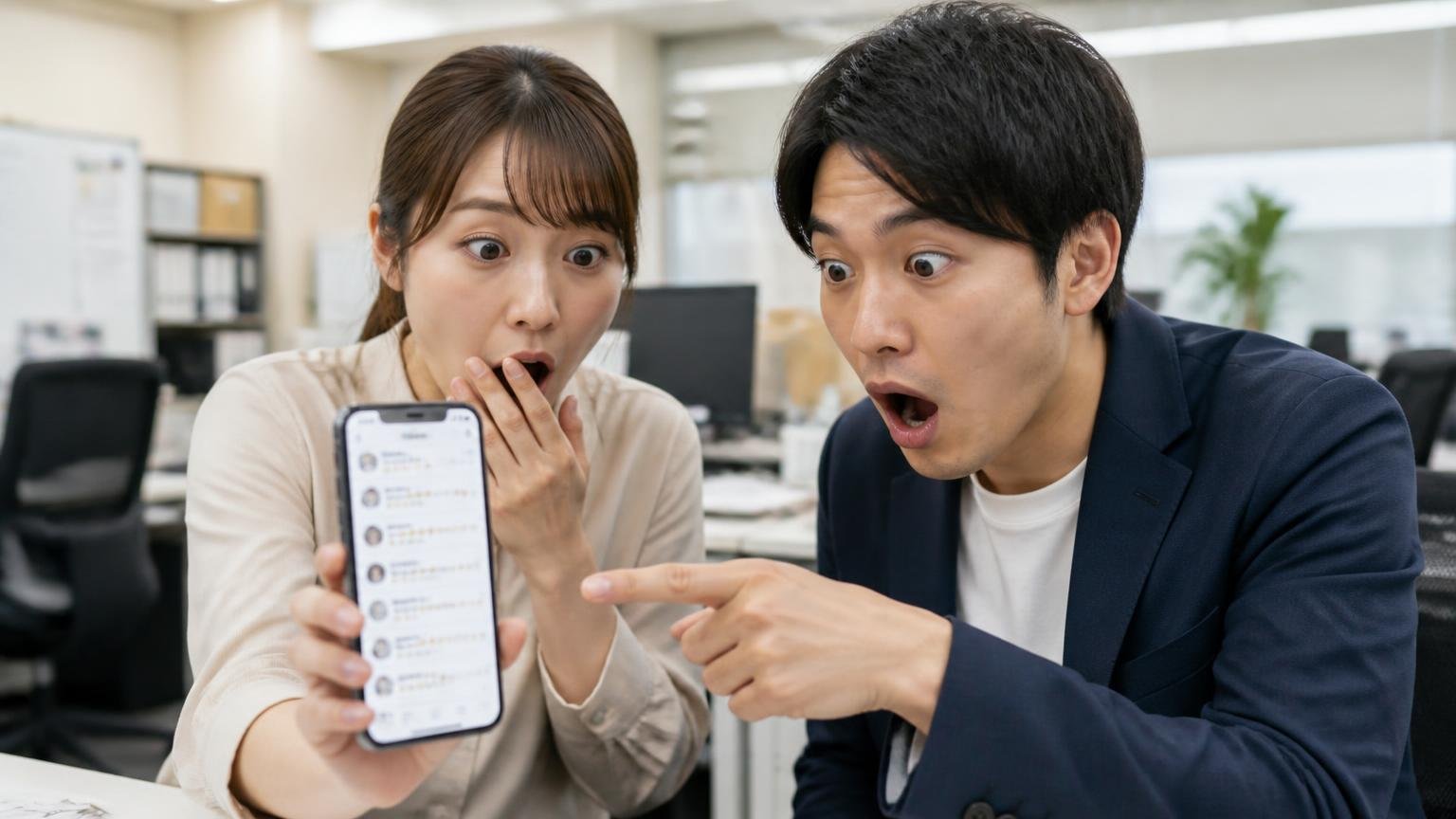 口コミ33件すべてが買った人の声だった 事務所でスマホの口コミ画面を見せながら相談する女性と男性が驚いた表情