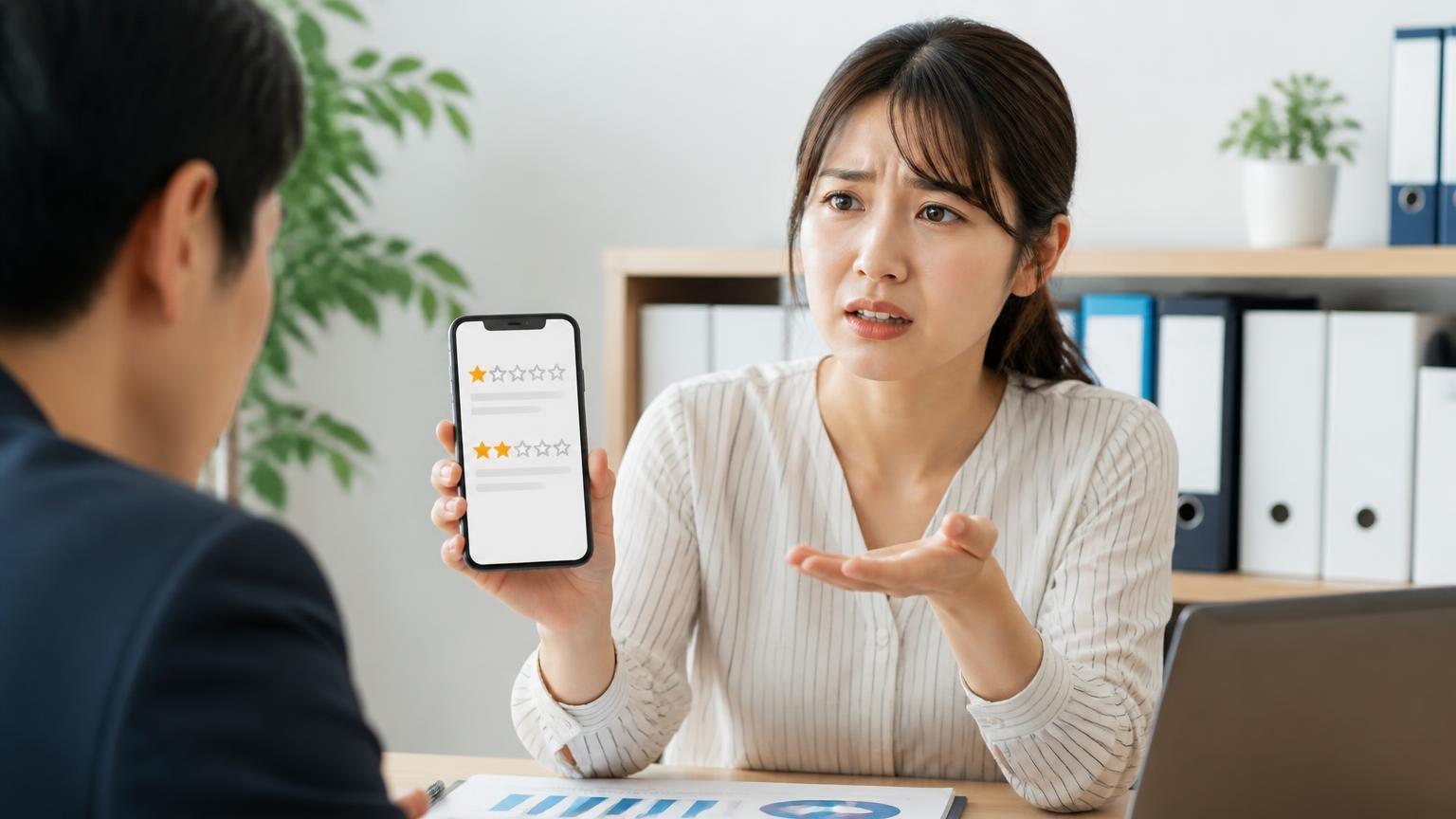 悪い口コミ★1と★2の理由は書かれていない。事務所でスマホの口コミ画面を見せながら、女性が困った表情で相談する