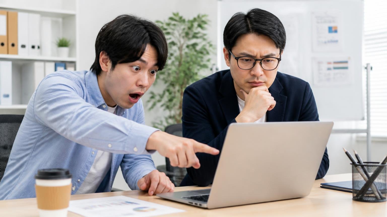 媒体別に見た評価と口コミ件数の一覧／事務所の机でノートパソコンの口コミサイトを比較する2人／片方が画面を指さし驚く
