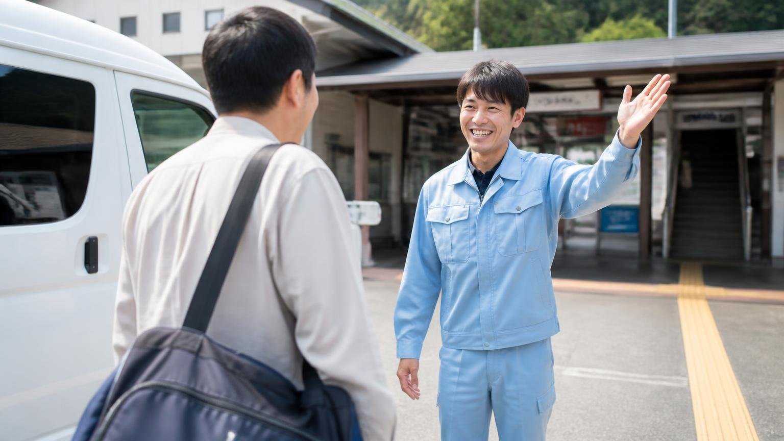 良い口コミは「駅までの送迎」や「2回目の購入」など人の対応への声 地方の駅前で作業着のスタッフ1人が客1人を笑顔で出迎える
