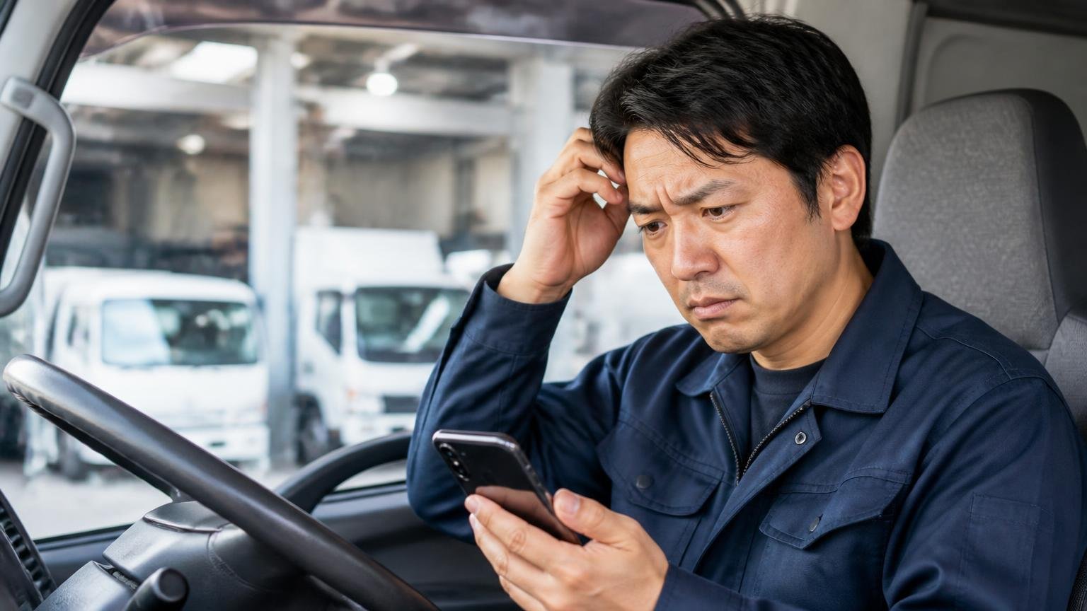 検索で出てくる「社員クチコミ」は、トラックを売る人の判断材料ではありません 車庫の運転席でスマホを見る男性1人、困り顔