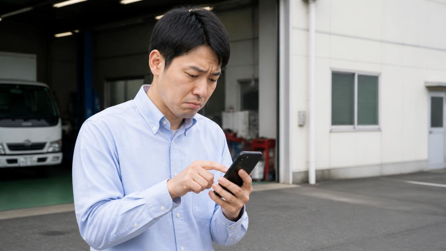 本文のある口コミは5件だけで、買取の声は0件 営業所の車庫前でスマホを何度もスクロールする男性1人、肩を落として困った顔