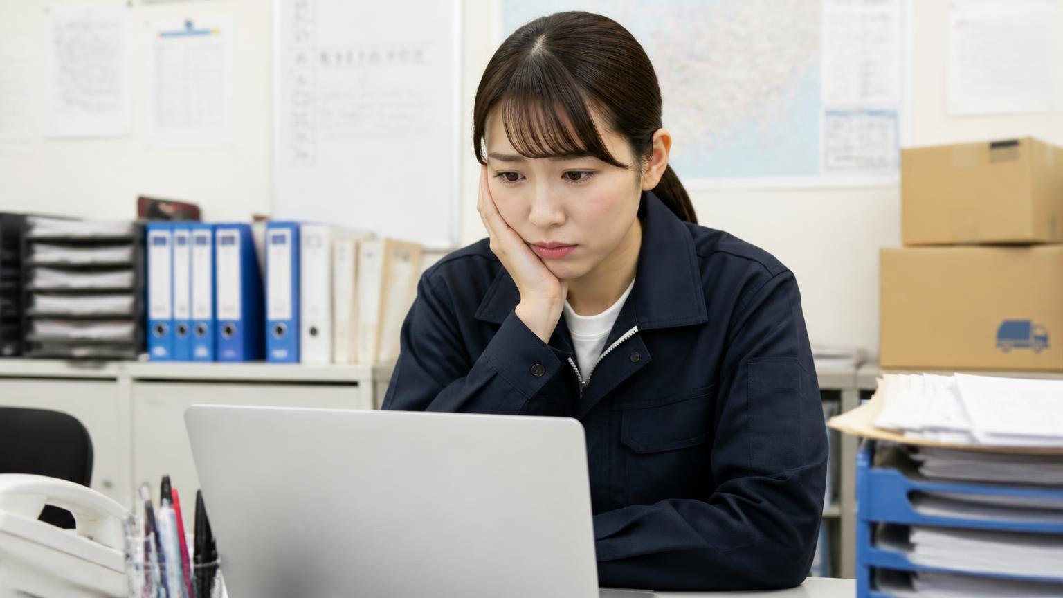 XやSNS、口コミサイトに声は見つからなかった 運送会社の事務所でパソコンの検索結果を見て困り顔の女性事務員1人、頬に手を当てる