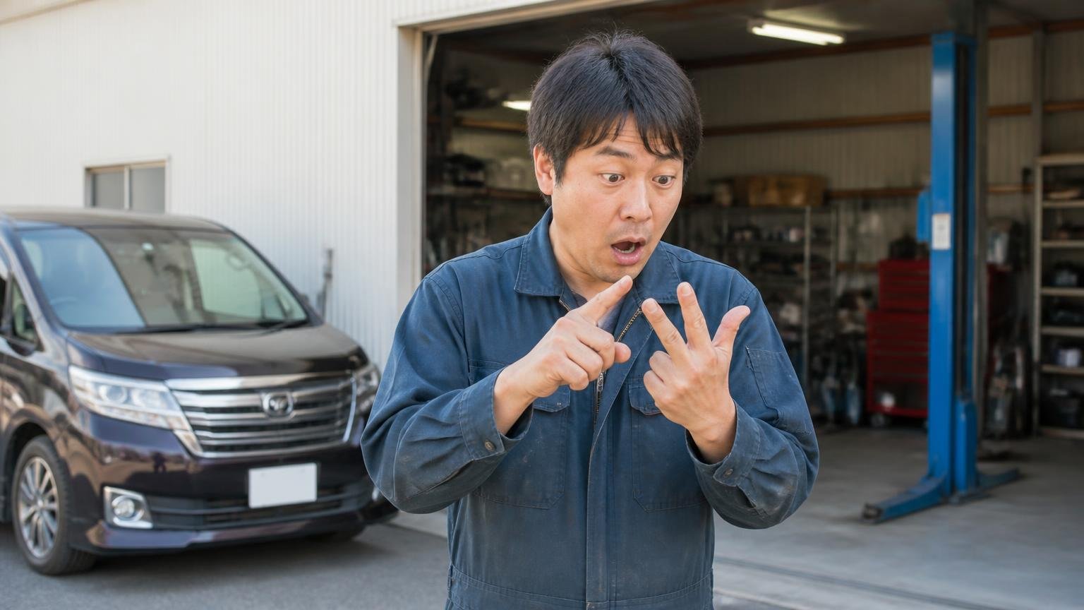 51件の内訳は★4以上が約65%、★1は約14% 車庫の前で口コミの件数を指で数える作業着の男性1人、意外そうな表情