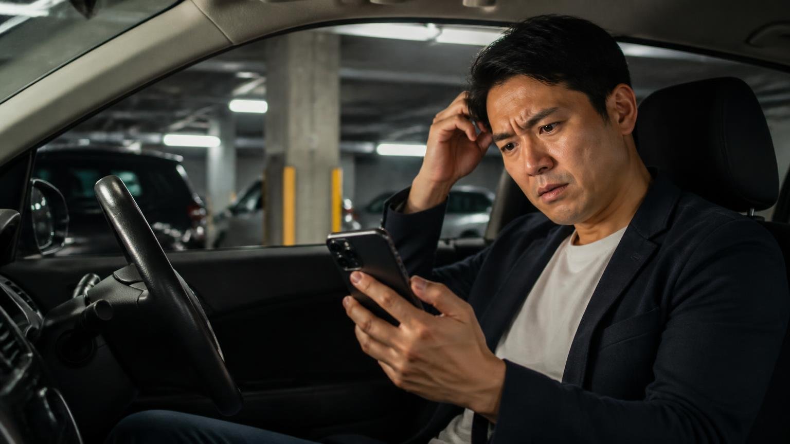 悪い口コミは?★3が3件、でも理由は書かれていない。夜の車庫の運転席で男性1人がスマホの画面を見つめ首をかしげる