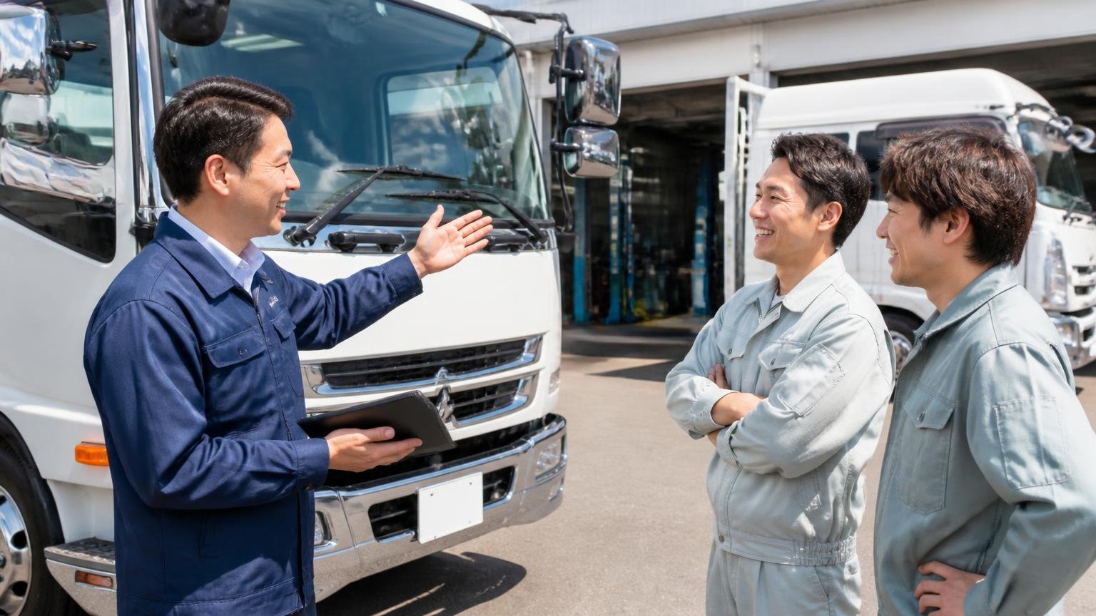良い口コミに共通する3つのポイント｜対応・説明・敷地内の整備工場、展示場のトラックの前で担当者の説明にうなずく作業着の男性2人、笑顔