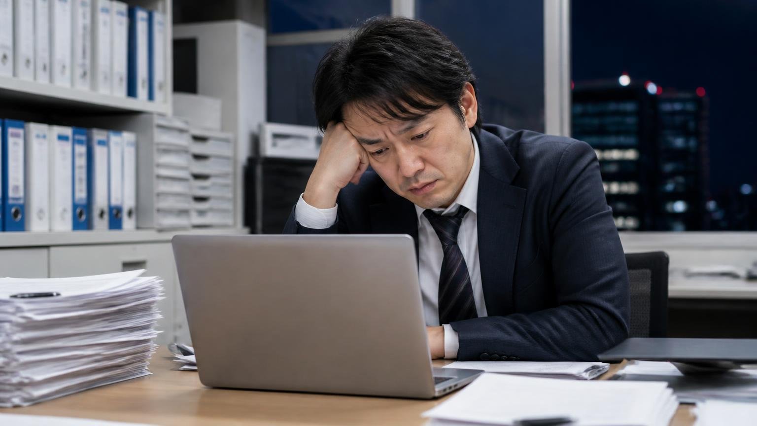 南営業所・Yahoo!マップ・Yelp・Xまで探した結果|売った人の口コミは見つからなかった、夜の事務所でパソコンを前に肩を落とす男性1人