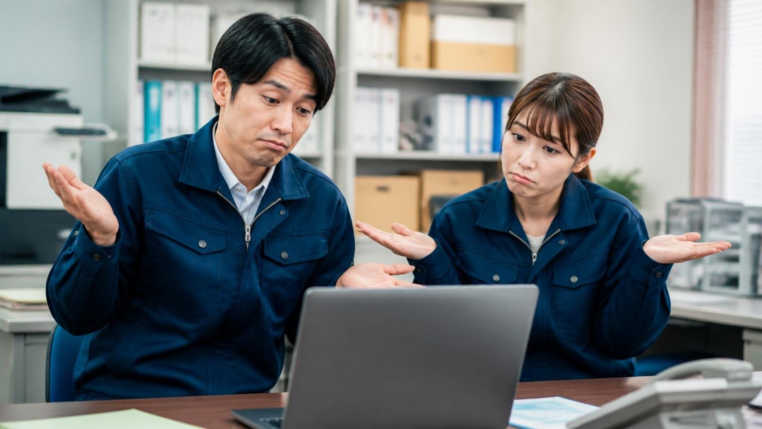 Yahoo!マップは投稿0件・Xや知恵袋にも口コミなし、運送会社の事務所でパソコン画面を確認する男女2人、肩をすくめる
