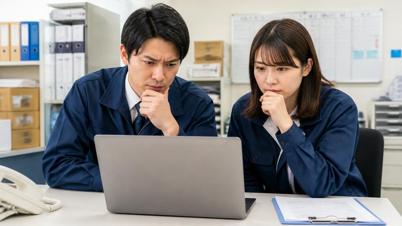 良い口コミ・悪い口コミの一覧（2026年9月時点）。運送会社の事務所でノートパソコンの画面を並んで確認する男女2人が真剣な表情