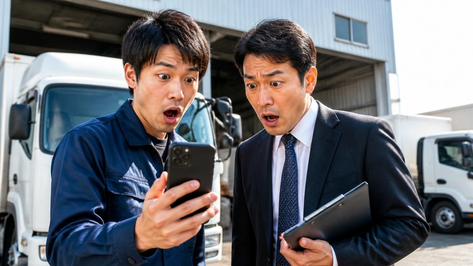 ★1.0の口コミの中身を確認、トラックの車庫前でスマホの口コミ画面を見せ合う若い男性ドライバー1人と査定士の男性1人が驚く
