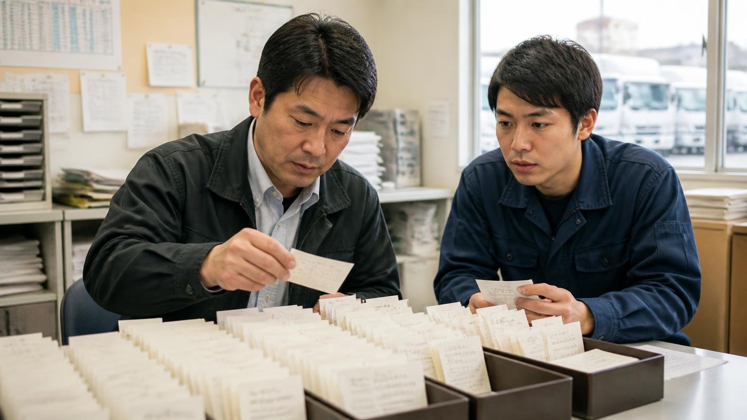 ★の平均より先に「誰が書いたか」を見る。トラック販売店の事務所で口コミを投稿者ごとに仕分ける査定士1人と若手ドライバー1人、真剣な表情