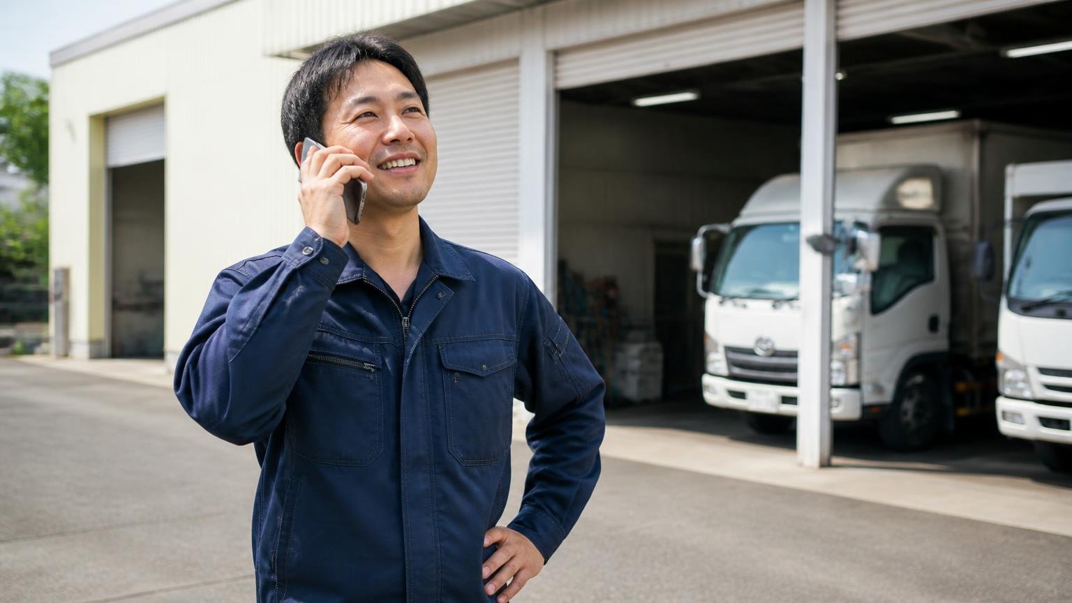 良い口コミ・中立の口コミ｜営業所の★4は「引き取りの段取り」の話 営業所の車庫前で引き取りの段取りを電話で確認する男性1人が安堵