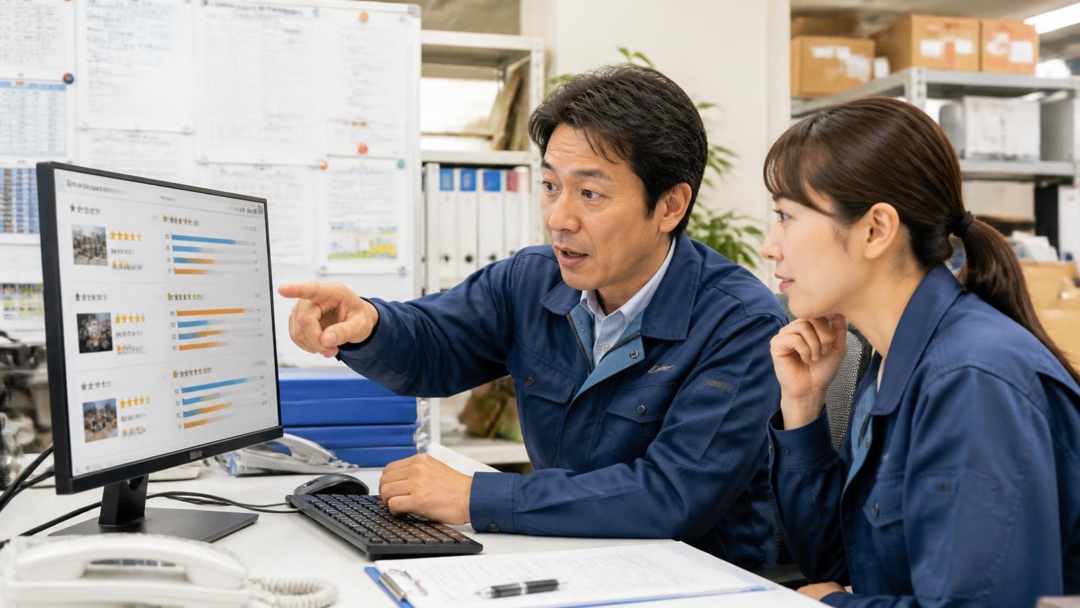 Googleマップとカーセンサーの評価内訳|運送会社の事務所でパソコン画面の口コミ一覧を指さす40代男性と30代女性の2人