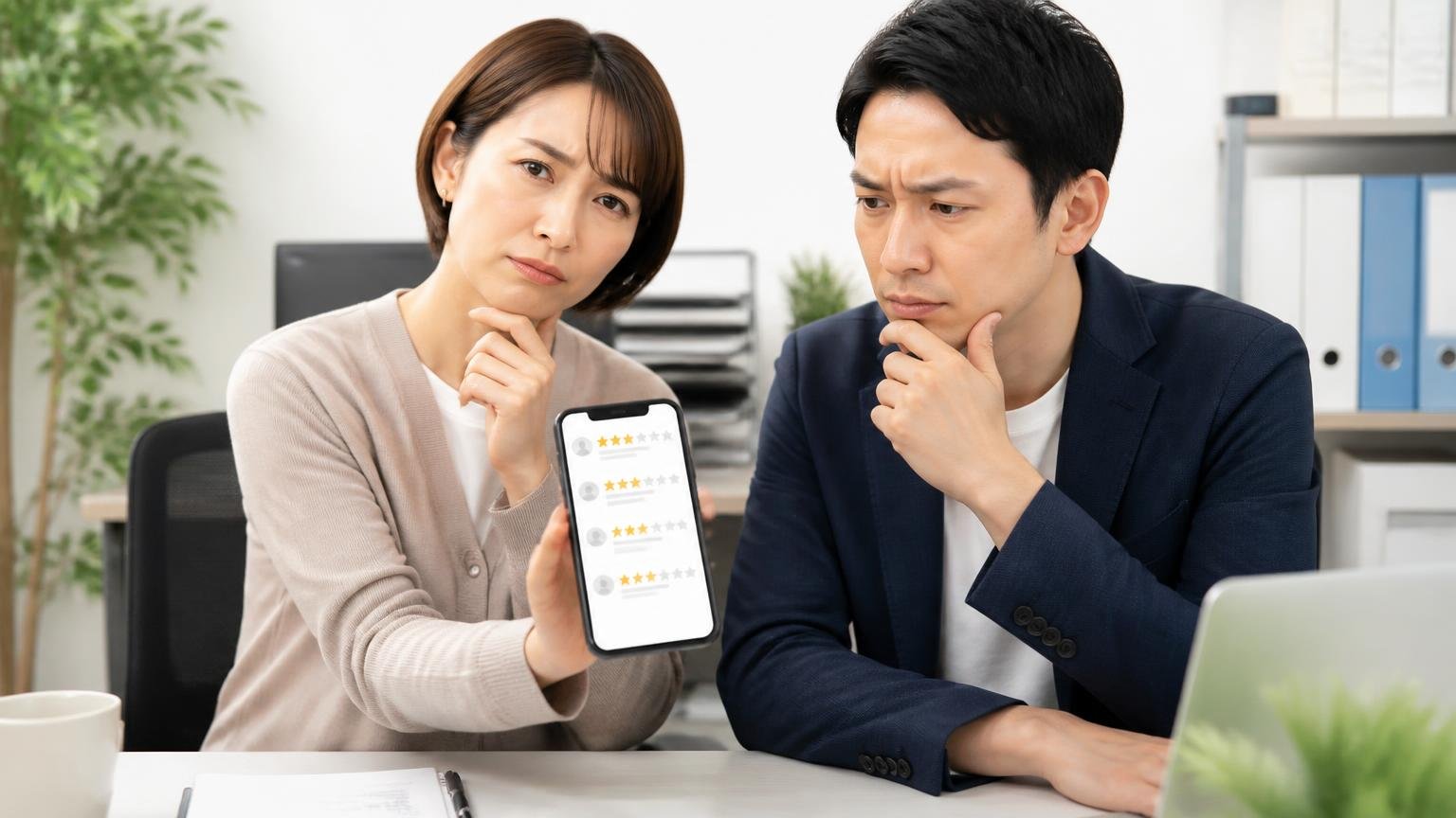 悪い評判はある？★3が3件あるが理由は書かれていない。事務所でスマホの口コミ画面を見せながら首をかしげる女性1人と男性1人