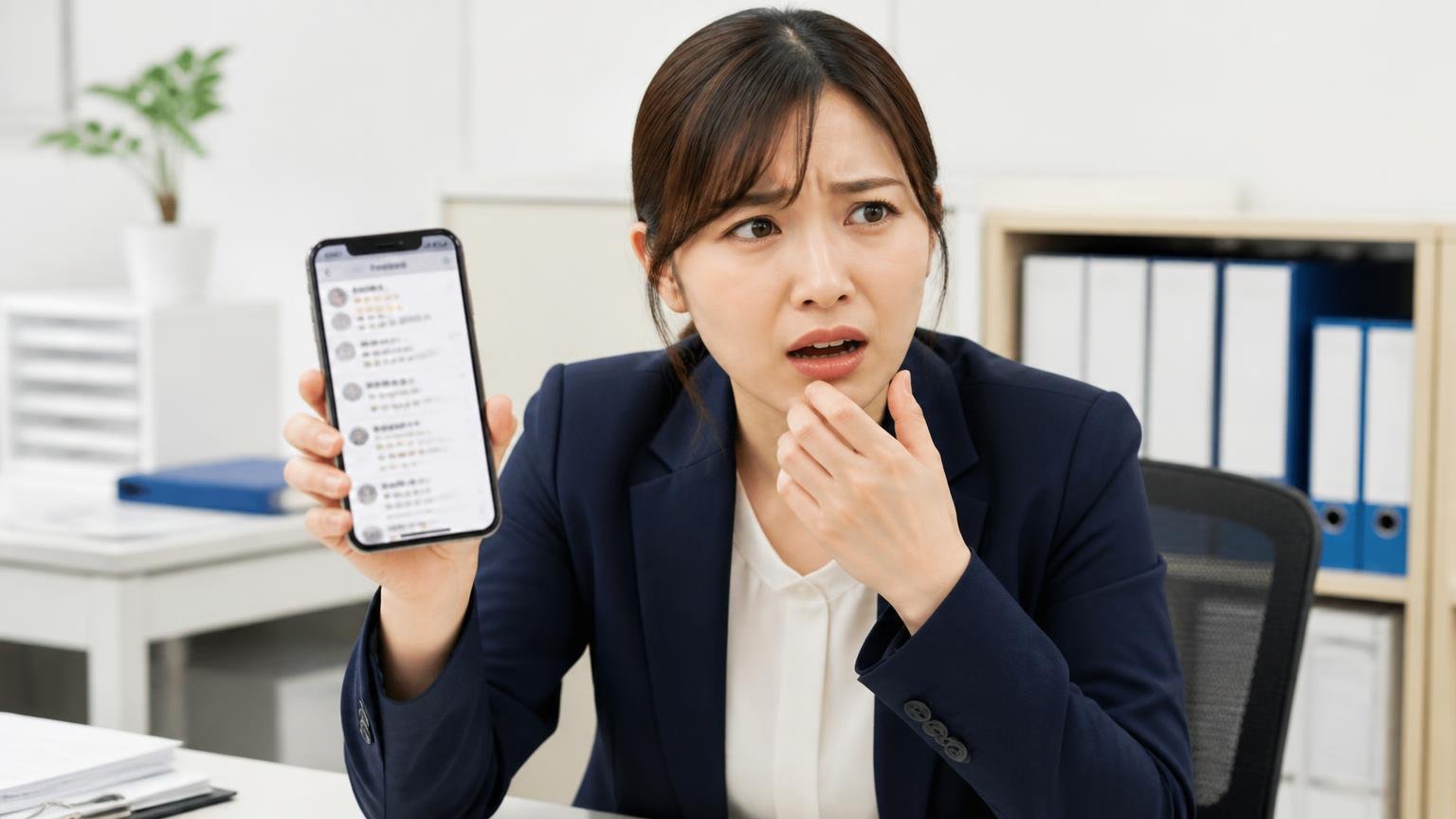 西九州グループが向いていない人、事務所でスマホの口コミ画面を見せながら女性が困惑した表情で相談