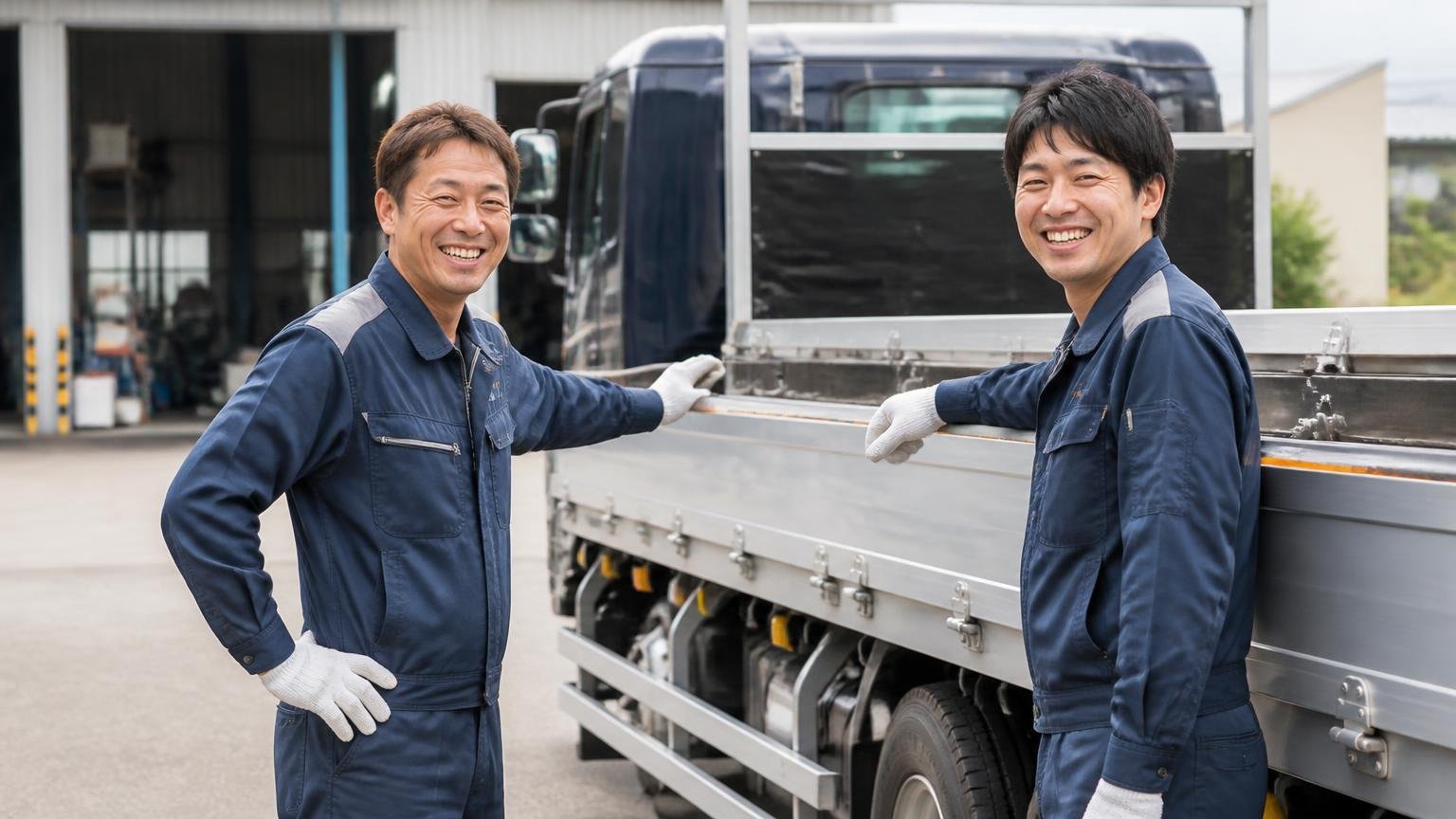 良い口コミの傾向|対応が早い・親切・困った時に駆けつけてくれた 整備工場の前で大型平ボディの横に立つ整備士2人が笑顔で対応する