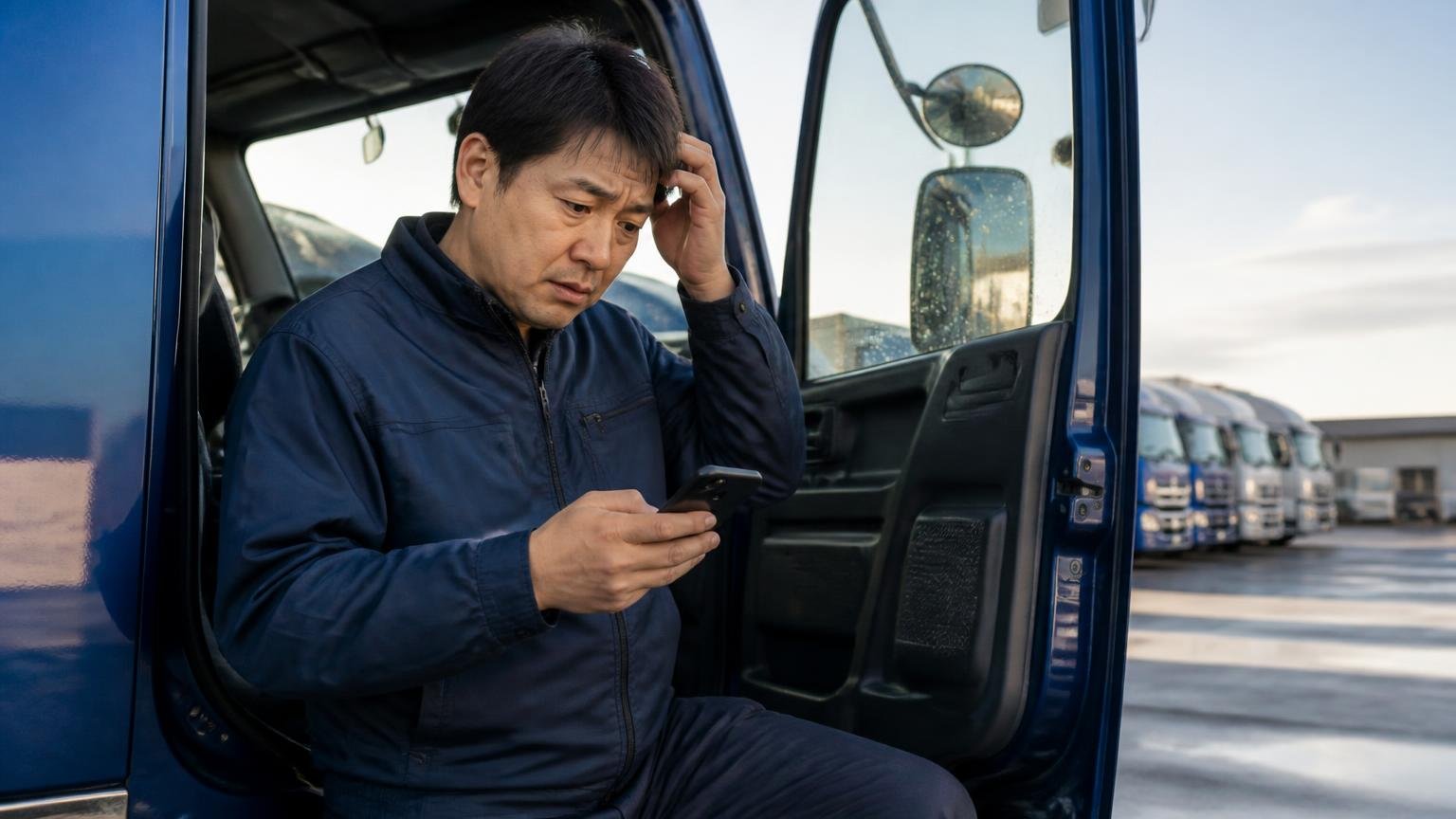 トラックバンクが向いていない人 早朝の車庫で運転席のドアを開けスマホを見ながら困り顔の男性1人