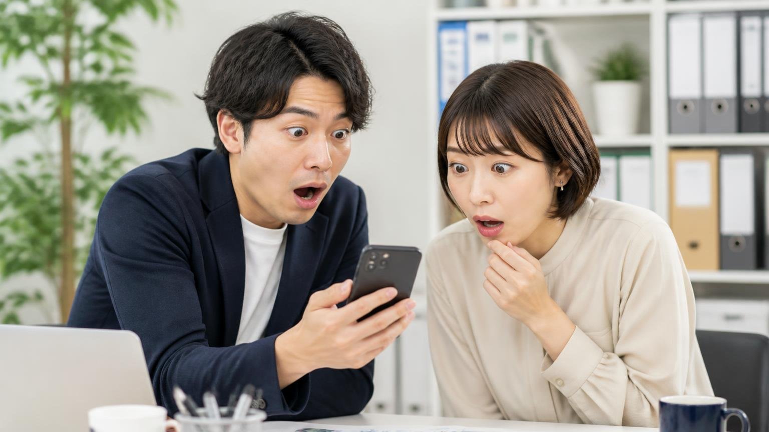 同名企業の混同に気づく場面。事務所でスマホの検索結果を見せ合う男女2人が驚いた表情を浮かべる