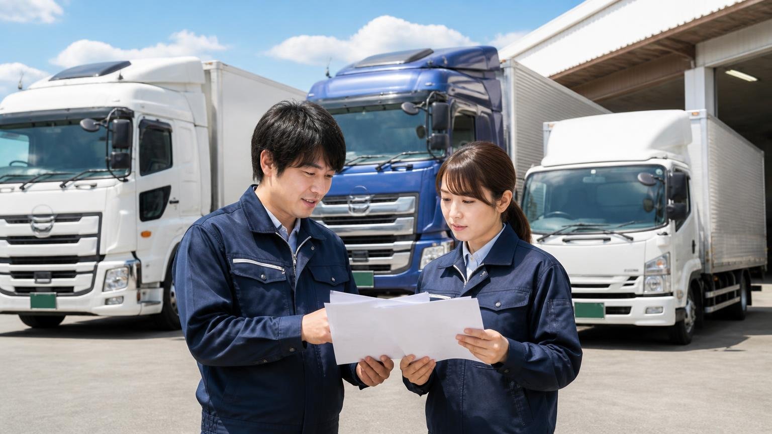 南商会が向いている人・向いていない人、営業所の車庫に並ぶトレーラーと4tトラックの前、男女2人、手元の書類を見比べて話し合う