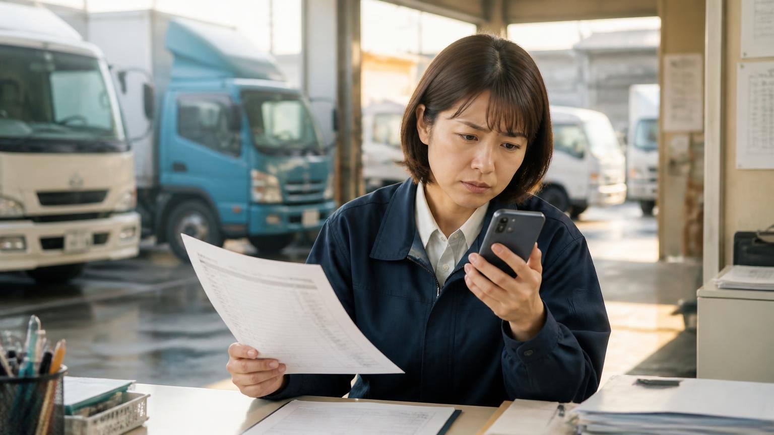 カクタだけで決めないほうがいい人 早朝の車庫で書類を手にスマホの画面を見比べる女性事務員1人が思案する
