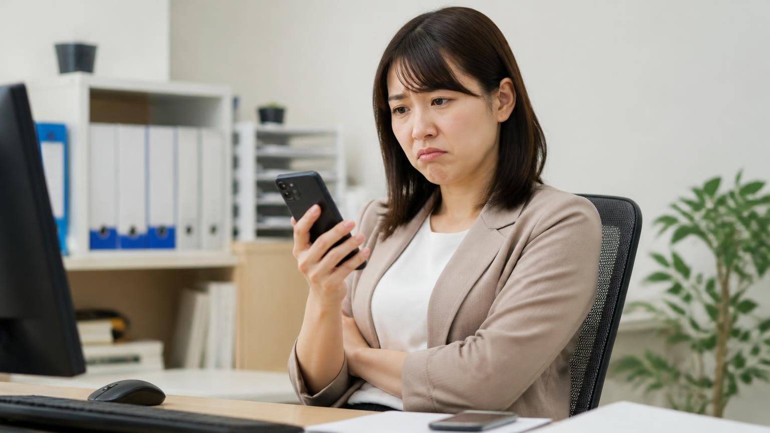 エネトラが向いていないかもしれない人。事務所でスマホを見ながら渋い顔で腕を組む女性1人