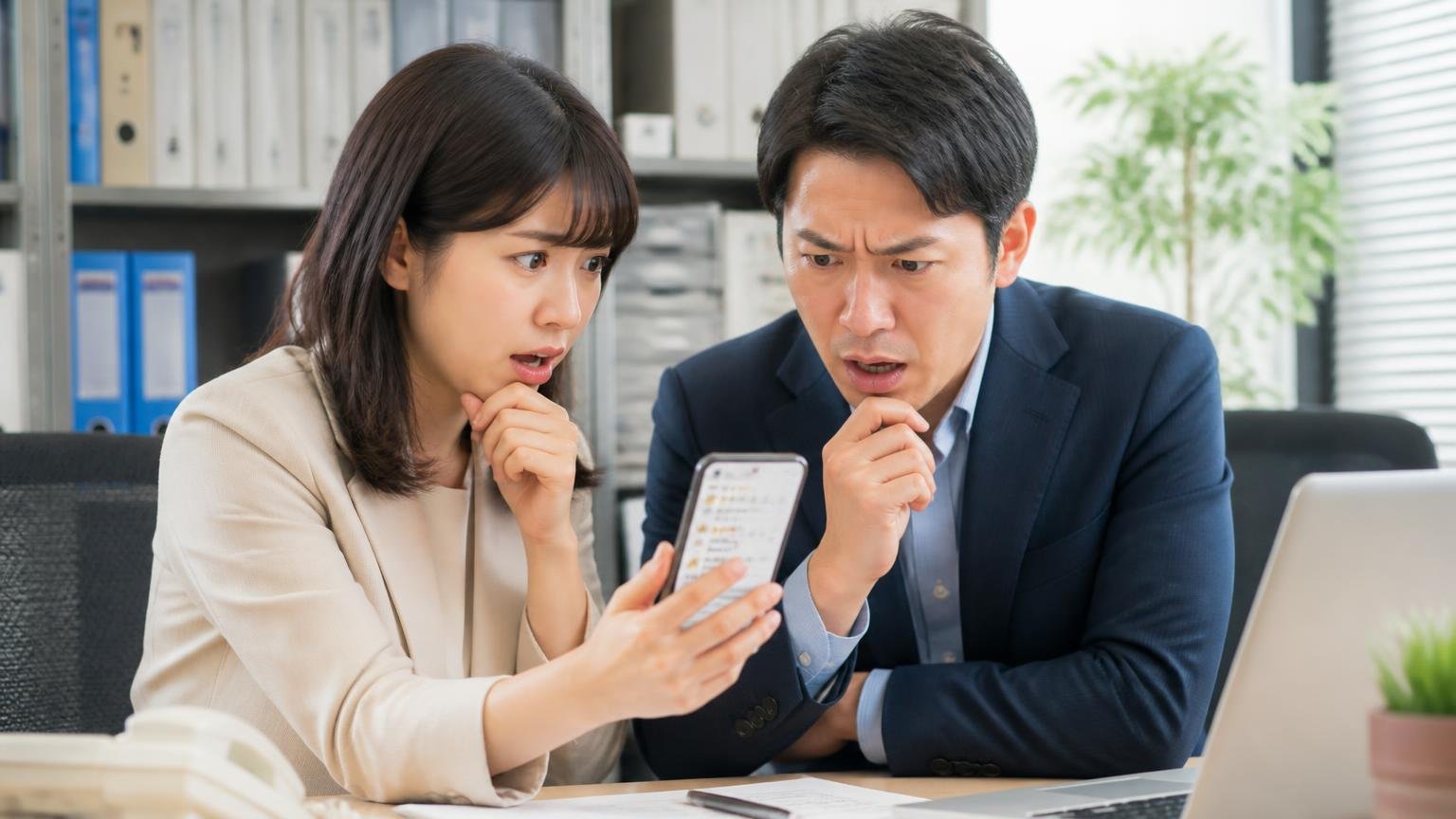 「トラック市の評判」を調べても答えが出ないたった1つの理由 事務所でスマホの口コミ画面を見せながら相談する女性と男性