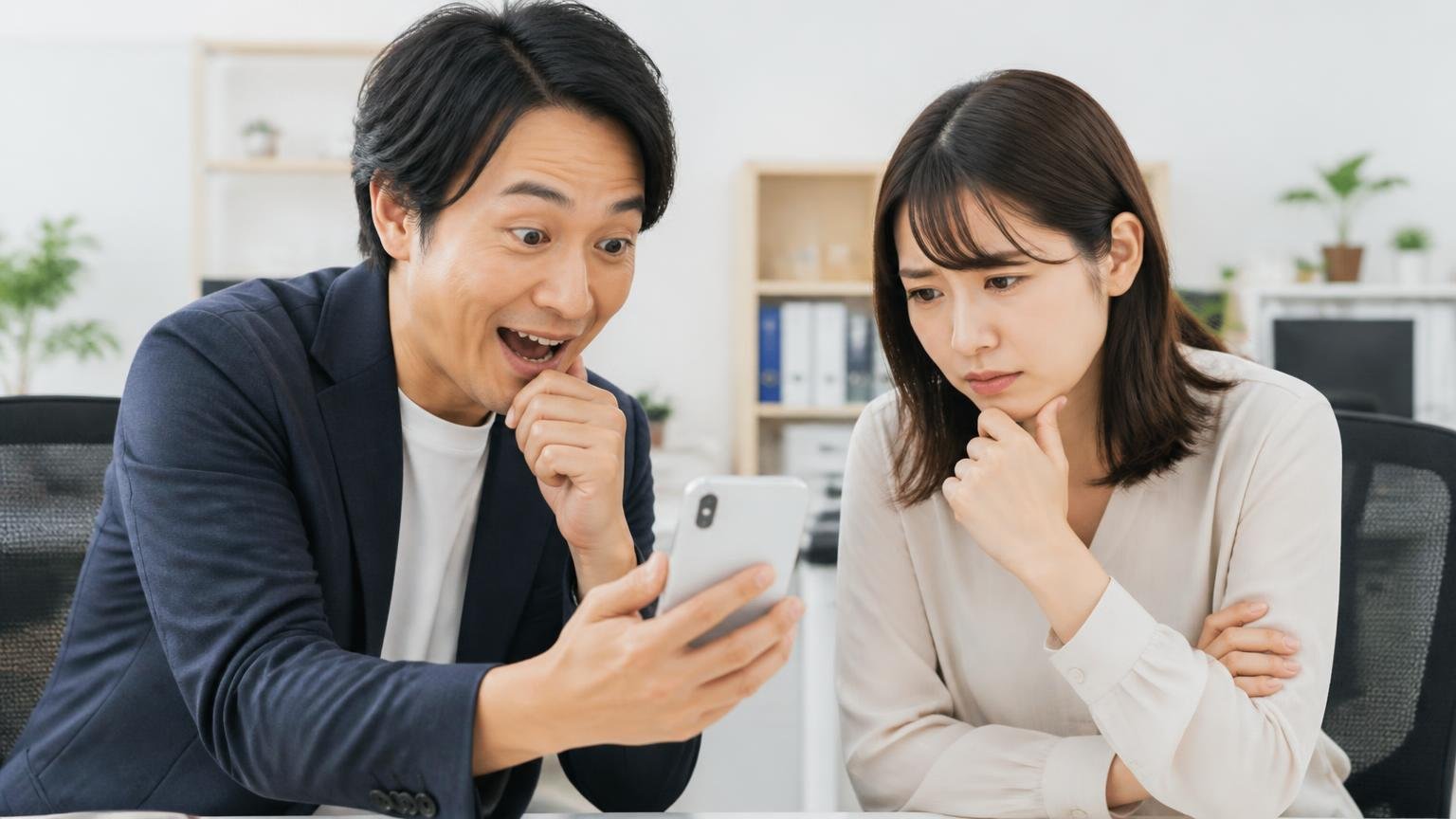 向いている人と向いていない人。事務所でスマホの口コミ画面を見せ合う男女2人