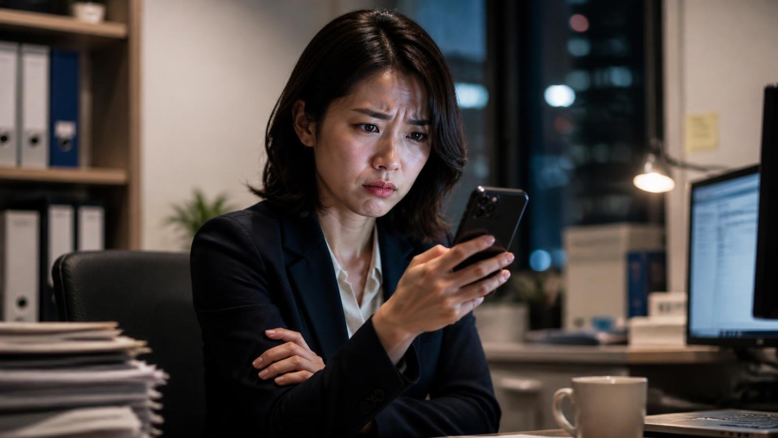 慎重になるべき人。夜の事務所でスマホの口コミ画面を見ながら腕を組み眉をひそめる女性1人