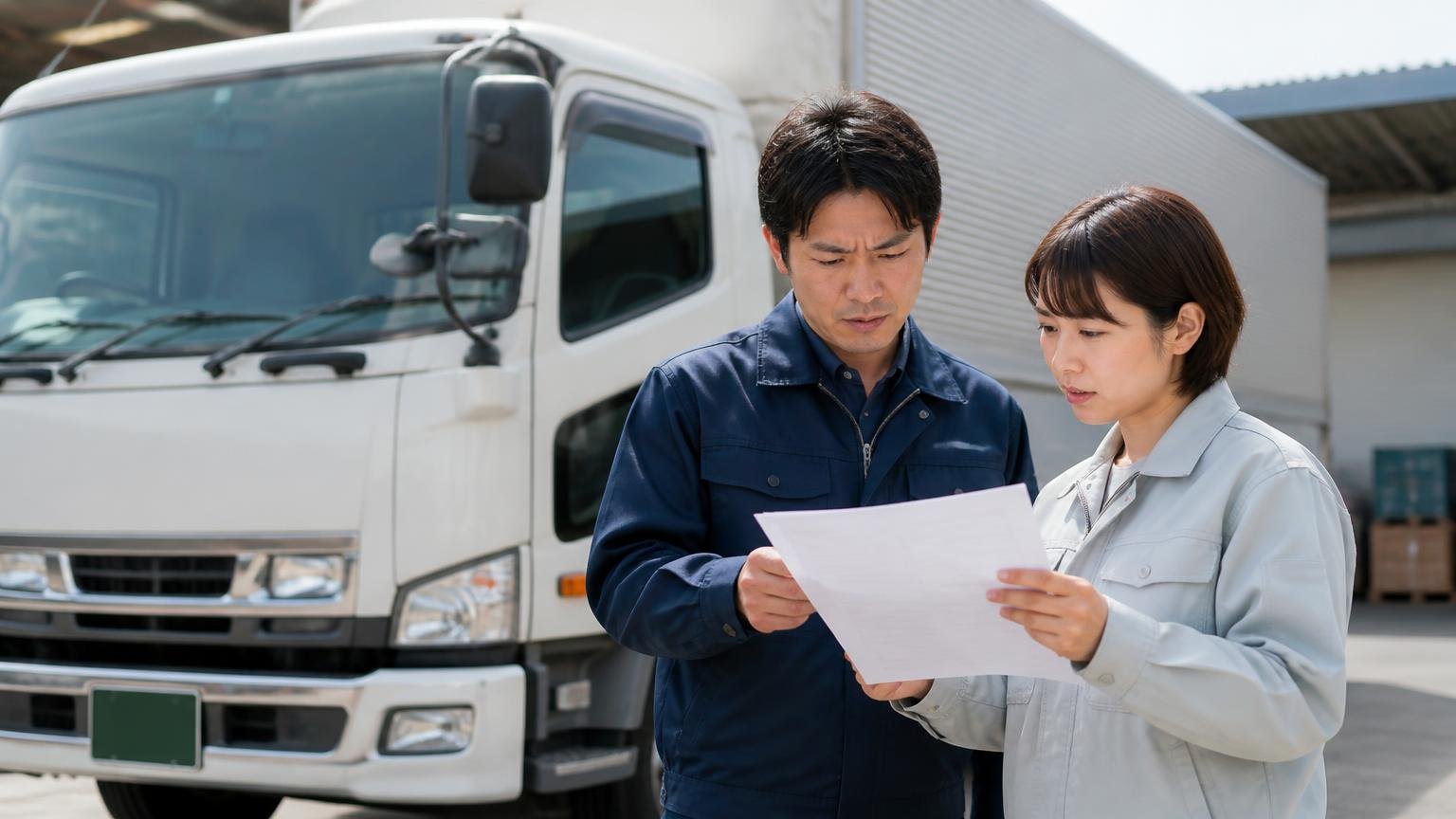 向き不向きを見比べる場面。営業所の車庫に停まった4tウイングの前で書類を見比べる男女2人が真剣な表情