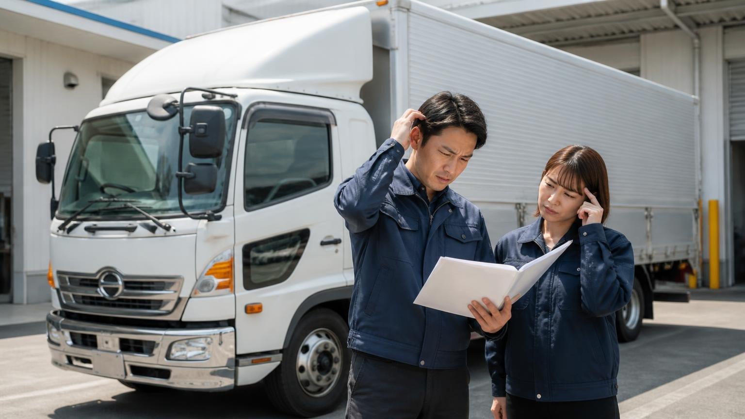 JTPらくだネットが向いていない人・注意が必要な人|営業所前に停まった現役の4tウイングの横で、男女2人が書類を見ながら首をかしげる