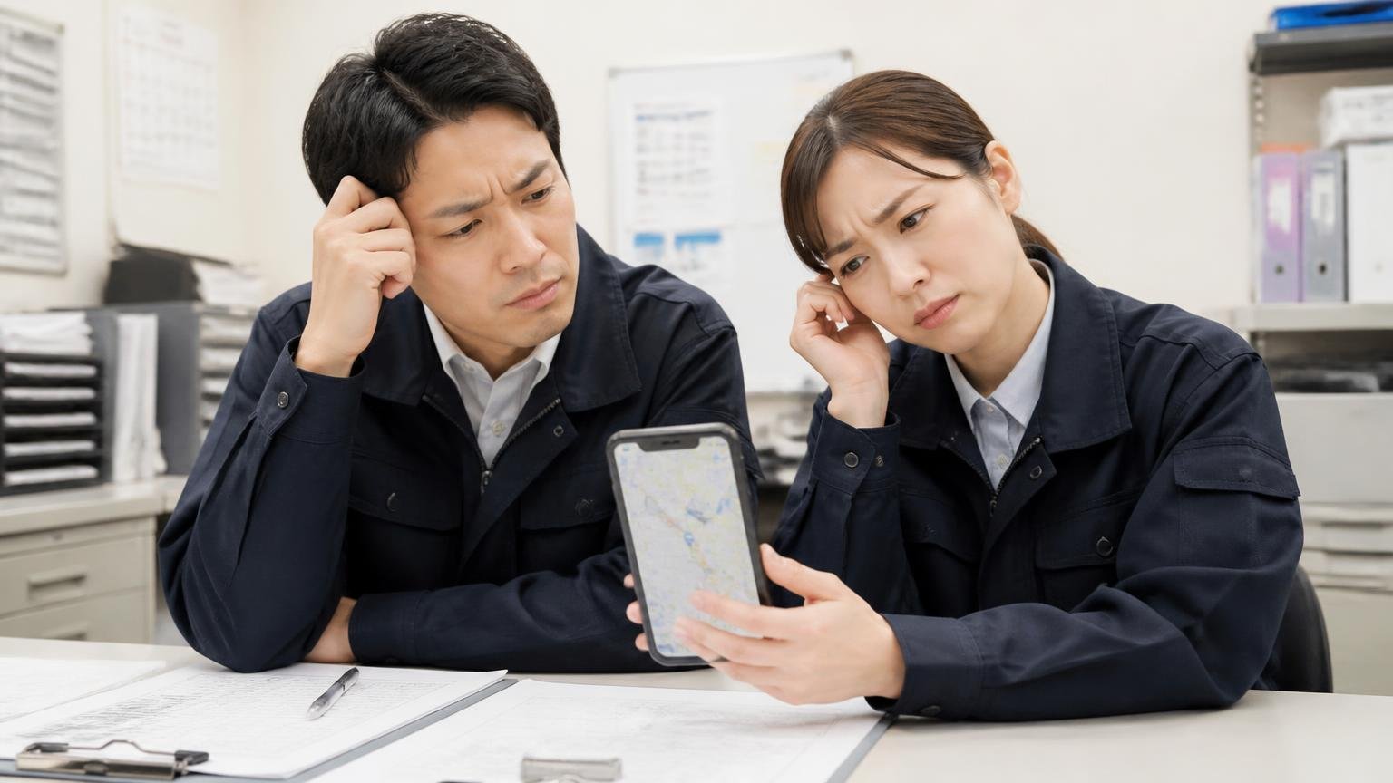 栗山自動車が向いていない人 事務所でスマホの地図画面を見ながら悩む場面 男女2人 首をかしげる表情
