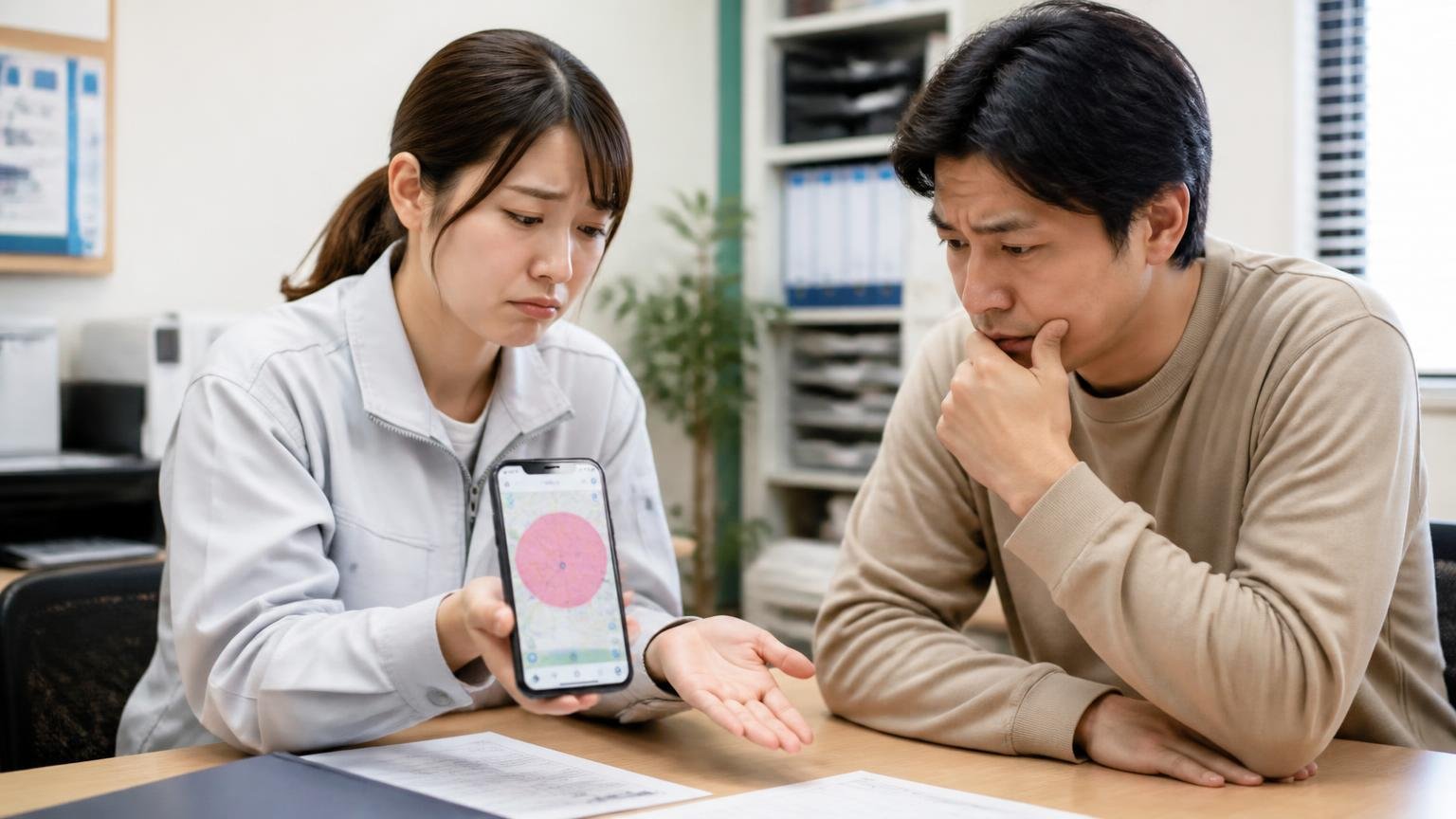 越村商店が向いていない人 事務所でスマホの地図画面を見せながら対応エリア外だと肩を落とす女性1人と男性1人